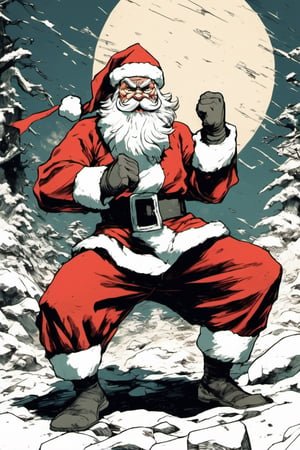 (cel-shading style:1.3), (tetradic colors), (ink lines:1.1), strong outlines, bold traces, flat colors, flat lights, gritty colors, a super determined Santa Claus in a fighting stance ready to execute a secret martial art technique to beat a group of masked gift thieves, japanese art