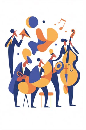 abstract minimalism, graphic design, a jazz band performing in a small club celebrating the new year, party atmosphere, bold flat colors and shapes, expressive geometric art, artistic composition, clean lines, ink, Flat Design, T shirt design