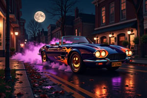 In an action fueled scene a sleek dark 60s convertible speeds down a moonlit street, its exterior adorned with vibrant orange and purple flames for Halloween. The car's wheel covers feature glowing jack-o'-lantern faces, their mischievous grins flickering with an eerie light that dances across the pavement. Wisps of fog curl around the tires, illuminated by the soft glow of streetlamps casting a warm, inviting light against the cool night air. Falling autumn leaves swirl behind the car giving the scene a sense of speed. The atmosphere is alive with the sounds of laughter and distant music from the party ahead, creating a magical blend of Halloween spirit and action movie visuals. cinematicxhan