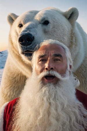 (Santa Claus making the typical duck face preparing for a selfie with a majestic polar bear), 8k UHD, raw photo, highly detailed, rich and warm color scheme, flowing hair, thick beard, artistic portrait, smooth, perfect composition, at sunrise, winter landscape background, cinematic  moviemaker style
