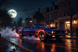 In an action fueled scene a sleek dark 60s convertible speeds down a moonlit street, its exterior adorned with vibrant orange and purple flames for Halloween. The car's wheel covers feature glowing jack-o'-lantern faces, their mischievous grins flickering with an eerie light that dances across the pavement. Wisps of fog curl around the tires, illuminated by the soft glow of streetlamps casting a warm, inviting light against the cool night air. Falling autumn leaves swirl behind the car giving the scene a sense of speed. The atmosphere is alive with the sounds of laughter and distant music from the party ahead, creating a magical blend of Halloween spirit and action movie visuals. cinematicxhan