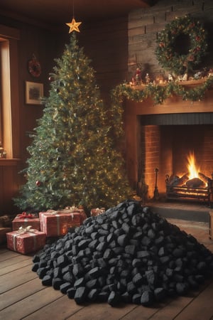 under the christmas tree nothing but a (((big heap of coal))), cozy winter scene inside a beautiful country lodge, fireplace, christmas decorations