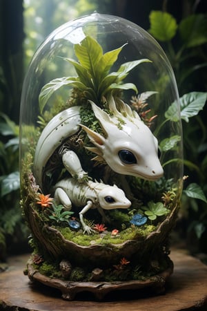 an intricate delicate porcelain sculpture placed inside a tropical lush terrarium with surreal alien like critters spanning the range between fantastical and realistic, robotic and organic, artistic composition, masterpiece quality, highly detailed, bathed in warm natural light, side light casting long shadows