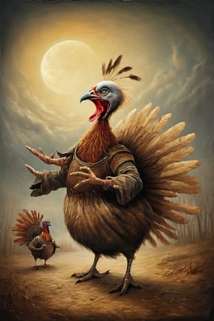 thanksgiving turkeys performing a traditional dance for the pilgrims and native americans, moonster, in the style of esao andrews, Gric