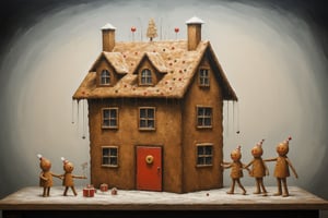 inside a surreal gingerbread house where big is small and small is big, (gingerbread men are exchanging ((christmas presents))), artistic composition, in the style of kazimir malevich, in the style of esao andrews