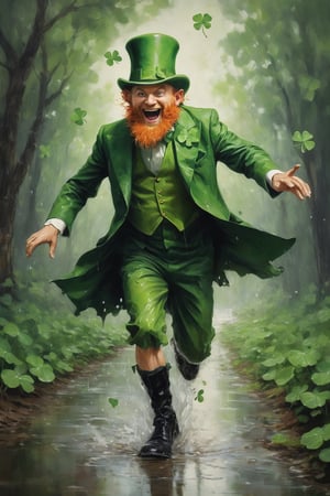 oil painting of an elegant leprechaun frantically running away from a gigantic anthropomorphic four leaf clover, stylish yet torn clothes, strength, determination, reflecting puddles, forest background, natural light, chiaroscuro, dripping paint, Digital painting, art by sargent