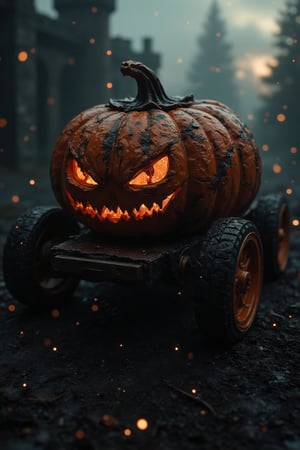 Moody raw photo of a pumpkin carriage pulled by four giant werewolves. The intricately carved carriage made from a giant pumpkin is decorated with glowing red hot metallic etchings. The wheels appear made of smoke giving the scene a sense of mystery, while the rusty undercarriage and weathered interiors provide a sharp contrast and a spooky undertone. The scene takes place at the break of dawn, early morning mist still clinging to the walls of a rundown castle in the background. The golden hour light breaking through the clouds casts a warm glow and long shadows which help create a dramatic composition that brings out the focused details against the rich and creamy bokeh of the recessing surroundings. MidnightEmber