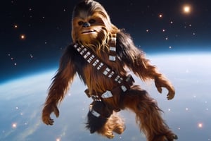 (a goblin) and (Chewbacca from Star Wars) floating in space holding hands, best quality, masterpiece, 8K, HDR, (cinematic composition:1.3), Kodak portra 400, film grain, bokeh, lens flare, cinematic lighting, exquisite details and textures, ultra detailed, monster