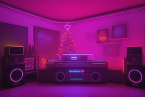 Santa chilling in his batchelor pad from the 1980s, neon christmas decorations, neon christmas tree on the wall, oversized retro boombox, big stacks of cassette tapes, 8K, 16K, neon photography style,neon photography style,<lora:659095807385103906:1.0>