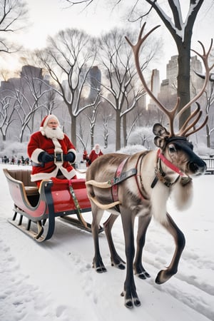 Santa Claus takes his date on a romantic ride in his reindeer sleigh through Central Park in a snowy NYC. couple, Santa Claus with his girlfriend, romantic ride in the snow, christmas, reindeer_sleigh