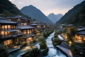 Captured from a low angle, this serene village nestles amidst spectacular waterfalls, its delicate lines and ornate details evoking progress and tranquility. The pristine natural backdrop creates a striking contrast with the highly technological architecture, where intricate details are highlighted by the warm glow of late evening sun setting over the mountains.