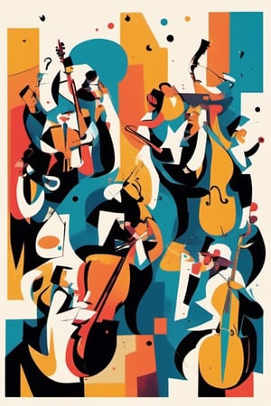 abstract minimalism, graphic design, a jazz band performing in a small club celebrating the new year, bold flat colors and shapes, expressive geometric art, artistic composition, clean lines, ink,T shirt design
