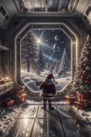 ((Santa Claus flying on a spaceship)), natural light, (RAW photo, best quality, masterpiece: 1.3), photon mapping, ultra-high resolution, 16k image, depth of field, spaceship interior, lost in space, top quality, futuristic control room, large windows, science fiction, view through the window, neon, screen, outside space, galaxies, realistic,ChristmasWintery