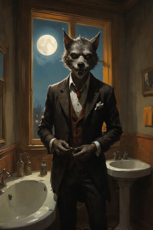 a dapper werewolf is standing in his halloween decorated bathroom with the midnight moon shining through the window as the only lightsource. we see him shaving his distinct face, half of it still with thick fur, the other half clean shaven. digital painting, in the style of esao andrews