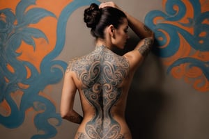 Photo of a woman in front of a wall. Her detailed tattoo appears to seamlessly continue onto the wall creating a fusion of art and environment.,aesthetic portrait
