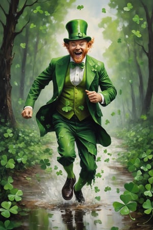 oil painting of an elegant leprechaun frantically running away from (a group of anthropomorphic four leaf clovers), stylish yet torn clothes, strength, determination, reflecting puddles, forest background, natural light, chiaroscuro, dripping paint, Digital painting, art by sargent