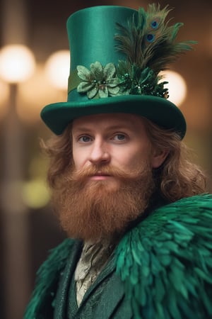 masterpiece, best quality, high resolution, 8k uhd, 35 years old leprechaun, voluminous sculptured hair, sharp detailed eyes, dynamic pose, green dress made with green peacock feathers, showered with four leaf clovers, blurred bokeh background, mesmerizing and visually stunning geometric artwork, intricate details, vibrant colors.