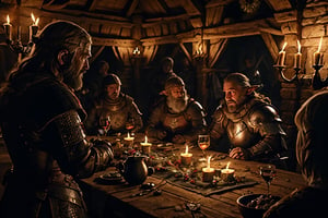 Santa throwing a christmas party in his medieval castle, hosting a dinner party for the elves wearing medieval armor, Game of Thrones, FFIXBG, highly detailed, christmas lights,medieval armor,Anime,Game of Thrones