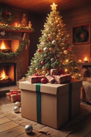 under the christmas tree nothing but an (((empty gift box))), cozy winter scene inside a beautiful country lodge, fireplace, christmas decorations