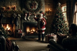 RAW photo, 8k UHD, highly detailed, ((Santa feeding a reindeer)) in his cowboy style home, wild west saloon type christmas decorations, christmas tree with cowboy ornaments, fireplace, wild west vibe, intricate, cowboy shot, dynamic pose, wide angle photography, westworld, 1