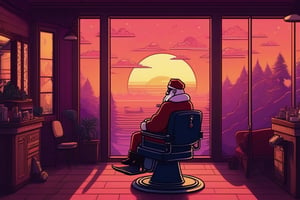 lofi, Santa in a barber shop getting his beard trimmed, indoors, lofi style, scenery, sunrise
