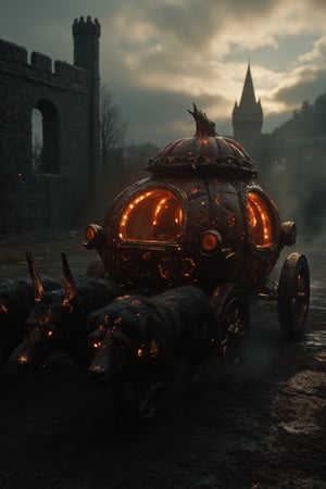 Moody raw photo of a pumpkin carriage pulled by four giant werewolves. The intricately carved carriage made from a giant pumpkin is decorated with glowing red hot metallic etchings. The wheels appear made of smoke giving the scene a sense of mystery, while the rusty undercarriage and weathered interiors provide a sharp contrast and a spooky undertone. The scene takes place at the break of dawn, early morning mist still clinging to the walls of a rundown castle in the background. The golden hour light breaking through the clouds casts a warm glow and long shadows which help create a dramatic composition that brings out the focused details against the rich and creamy bokeh of the recessing surroundings.