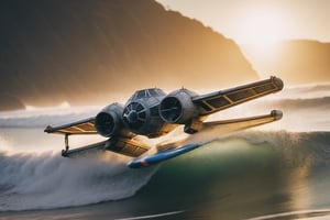 best quality, masterpiece, 8K, HDR, (cinematic composition:1.3), a goblin surfing the space on a Star Wars TIE Fighter, Kodak portra 400, film grain, from above, bokeh, lens flare, cinematic lighting, exquisite details and textures, ultra detailed, ((dynamic surfing pose))
