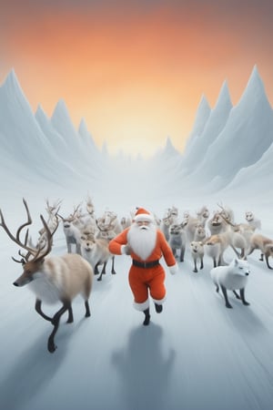 A fit and buff Santa Claus jogging through the beautiful icey and snowy North Pole nature at sunrise, followed by a group of animals including reindeer, polar foxes, polar bears and more, leading lines, artistic composition, masterpiece, 8k uhd, full spectrum infrared, in the style of kazimir malevich, in the style of esao andrews,sketch art