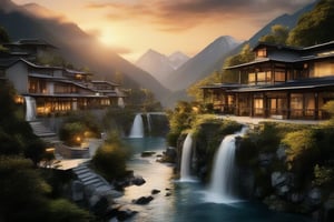 Captured from a low angle, this serene village nestles amidst spectacular waterfalls, its delicate lines and ornate details evoking progress and tranquility. The pristine natural backdrop creates a striking contrast with the highly technological architecture, where intricate details are highlighted by the warm glow of late evening sun setting over the mountains. vivid color, Enhanced Realistic