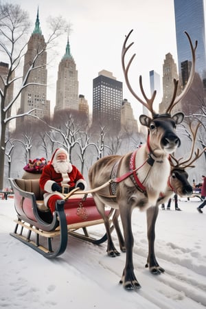 Santa Claus with his date on a romantic ride in his reindeer sleigh through Central Park in a snowy NYC. christmas, reindeer_sleigh