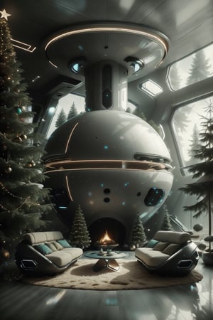 (masterpiece, best quality, epic), Santa's cozy yet futuristic home perfectly meshing with the surrounding nature, high tech christmas tree, advanced electronic gadgets, minimalistic yet comfortable furniture in warm pastel colors
