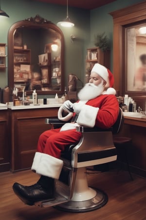 Santa in a classic barber shop getting his beard trimmed, artistic composition,lofi