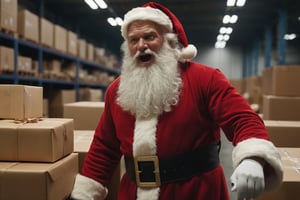 (Santa Claus inspecting toys and enraged after noticing that a lot of the toys he's about to deliver have missing or extra limbs), 8k UHD, raw photo, highly detailed, rich deep color scheme, flowing hair and beard, full body portrait, smooth, perfect composition, perfect body, in an industrial warehouse full of toys and Santa helpers preparing gift packages, cinematic  moviemaker style