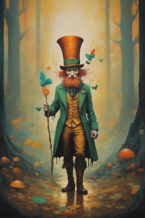 in a colorful surreal world a leprechaun is exploring the mythical forest where gigantic four leaf clovers are like trees and rainbow colored fluffy birds are dropping golden coins, abstract minimalism, leading lines, artistic composition, masterpiece, 8k uhd, in the style of esao andrews, James Gilleard, dripping paint