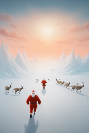 A fit and buff Santa Claus jogging through the beautiful icey and snowy North Pole nature at sunrise, followed by a group of animals including reindeer, polar foxes, polar bears and more, leading lines, artistic composition, masterpiece, 8k uhd, full spectrum infrared, in the style of kazimir malevich, in the style of esao andrews,sketch art