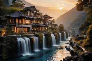 Captured from a low angle, this serene village nestles amidst spectacular waterfalls, its delicate lines and ornate details evoking progress and tranquility. The pristine natural backdrop creates a striking contrast with the highly technological architecture, where intricate details are highlighted by the warm glow of late evening sun setting over the mountains. vivid color, Enhanced Realistic