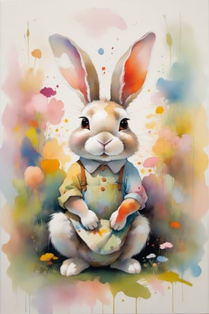 At the center of a charming studio stands a petite, wide-eyed bunny, its fur a patchwork of gentle pastels, each shade echoing the colors of the scattered paints. A painter's smock drapes over its form, adorned with splotches of vibrant pigments. Delicately, the bunny dips its brush into a palette of vivid hues, its fluffy tail swaying with each stroke. The canvas before it is a burst of lively chaos, a testament to the bunny's artistic fervor. The room exudes a serene ambiance, a sanctuary where creativity thrives, encapsulated in the bunny's earnest endeavor, dripping paint,ink scenery