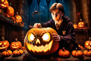 harry potter and his pet spiders carving a glowing pumpkin, ((small neon spiders)), in a dark medieval castle filled with spiders and spider web, dimly lit, candlelight, moody, at night, depth of field, dark theme, night, soothing tones, muted colors, high contrast, hyperrealism, soft light
