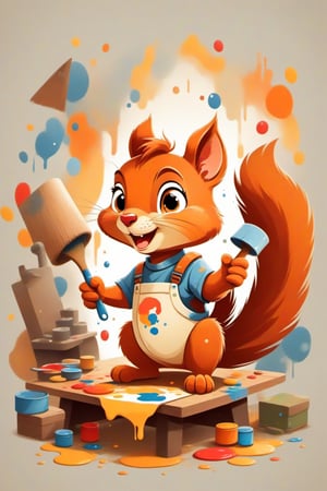 Illustration of a charming scene with a cute cyborg squirrel splashing paints all over the cosy art studio. capture the squirrel's effusive happiness, looking at the camera. playful visual narrative. tshirt design,Cubist artwork,Flat Design