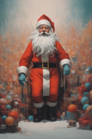 in a colorful surreal world a (scared Santa Claus), scared at the sight of all the unwanted gifts coming to life and returning to him as a huge surreal horde, abstract minimalism, leading lines, artistic composition, masterpiece, 8k uhd, in the style of esao andrews, James Gilleard, dripping paint