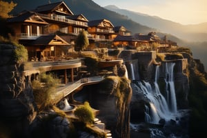 Low-angle shot captures an avant-garde mountain village, nestled among spectacular waterfalls, where delicate lines and ornate features harmonize progress and serenity. Pristine nature's dramatic contrast with cutting-edge architecture shines bright under the golden glow of late evening sunlight, casting long shadows across intricately detailed structures.