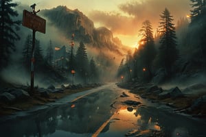 A moody dusk scene featuring a highway still reflective from the recent storm, surrounded by fog cascading down from the surrounding mountains, enveloping the tall trees and street signs, evoking a suspensful tone with the lights of the distant city barely breaking through and casting an ethereal glow in the mist. digital artwork by Beksinski