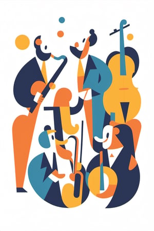 abstract minimalism, graphic design, a jazz band performing in a small club celebrating the new year, bold flat colors and shapes, expressive geometric art, artistic composition, clean lines, ink, Flat Design, T shirt design