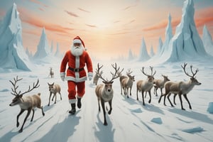 A fit and buff Santa Claus jogging through the beautiful icey and snowy North Pole nature at sunrise, followed by a group of animals including reindeer, polar foxes, polar bears and more, leading lines, artistic composition, masterpiece, 8k uhd, full spectrum infrared, in the style of kazimir malevich, in the style of esao andrews, shards