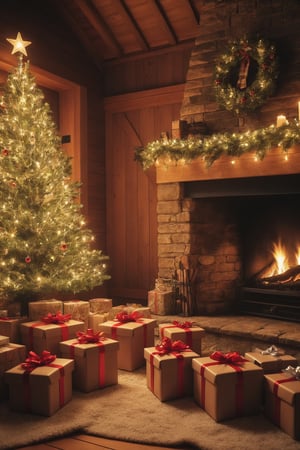 under the christmas tree nothing but a (((single opened empty gift box))), cozy winter scene inside a beautiful country lodge, fireplace, christmas decorations