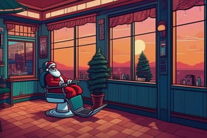 lofi, Santa in a barber shop getting his beard trimmed, indoors, lofi style, scenery, sunrise