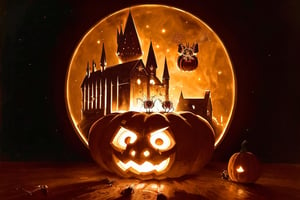 ((harry potter)) carving a glowing pumpkin, (((small spiders))) crawling out of the pumpkin, in a dark medieval castle, dimly lit, candlelight, moody, at night, depth of field, dark theme, night, soothing tones, muted colors, high contrast, hyperrealism, soft light, ink