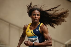 Generate an ultra-high-quality, sharp, extremely detailed RAW photo of a Colombian olympic sprinter running at full speed with wavy and flowing hair. The image should emphasizes realism and attention to detail, focusing on the subtle nuances of the athlete's phisique in motion. The overall mood should be one of power, determination and speed. bokeh background, motion blur, chiaroscuro, Kodak Gold 400 film, staircase, Low-key lighting Style