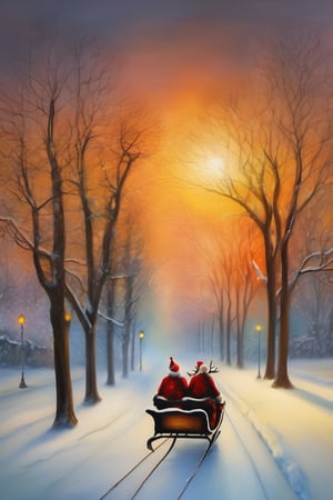 Santa Claus with his date on a romantic ride in his reindeer sleigh through Central Park in a snowy NYC. couple, Santa Claus with his girlfriend, romantic ride in the snow, sunrise, pastel warm colors, christmas, in the style of esao andrews, Science couple