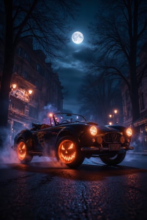 In a whimsical scene a sleek dark 60s convertible glides down a moonlit street, its exterior adorned with vibrant orange and purple accents for Halloween. The car's wheel covers feature glowing jack-o'-lantern faces, their mischievous grins flickering with an eerie light that dances across the pavement. Wisps of fog curl around the tires, illuminated by the soft glow of streetlamps casting a warm, inviting light against the cool night air. The atmosphere is alive with the sounds of laughter and distant music from the party ahead, creating a magical blend of Halloween spirit and fairy tale charm. Midjourney_Whisper